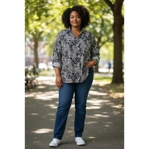 Cathy Daniels 1X Black White Floral Button Front Blouse 3/4 Sleeve Notch Neck